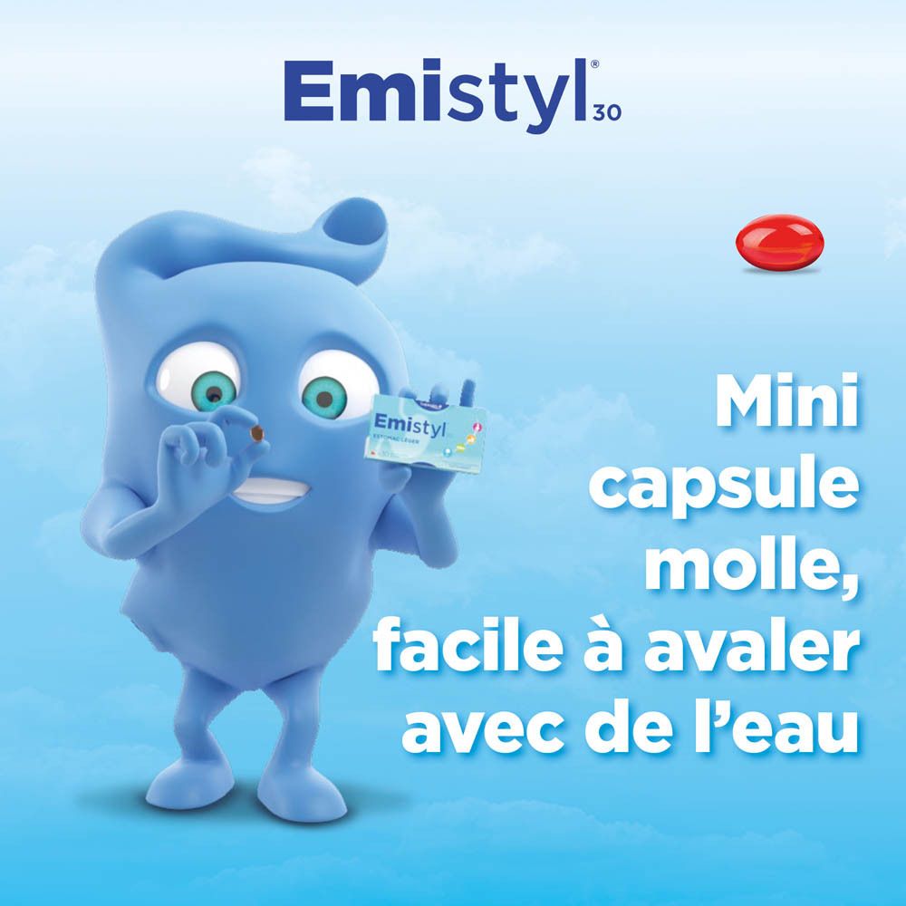 Texte: Dosage pour adultes, enfants et femmes enceintes. Logo: Emistyl® 30.