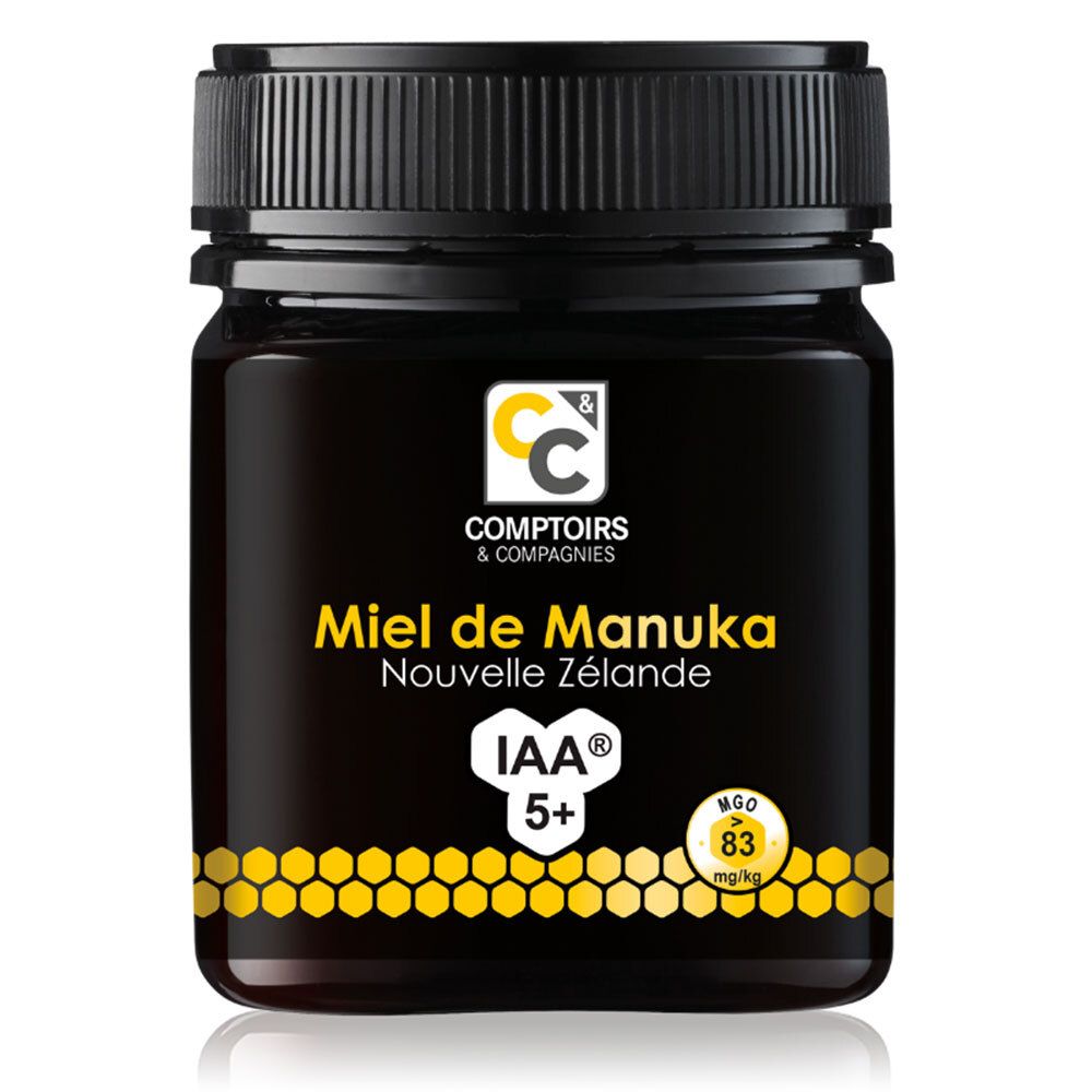 Pot de miel de Manuka Nouvelle Zélande IAA 5+. Couvercle noir et étiquette noire.
