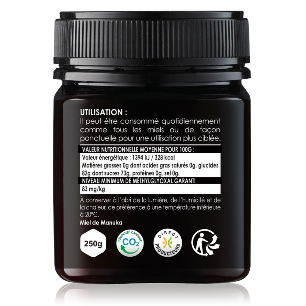 Dos du pot de miel. Inscriptions: Miel de Manuka Nouvelle Zélande IAA 5+. Informations nutritionnelles.