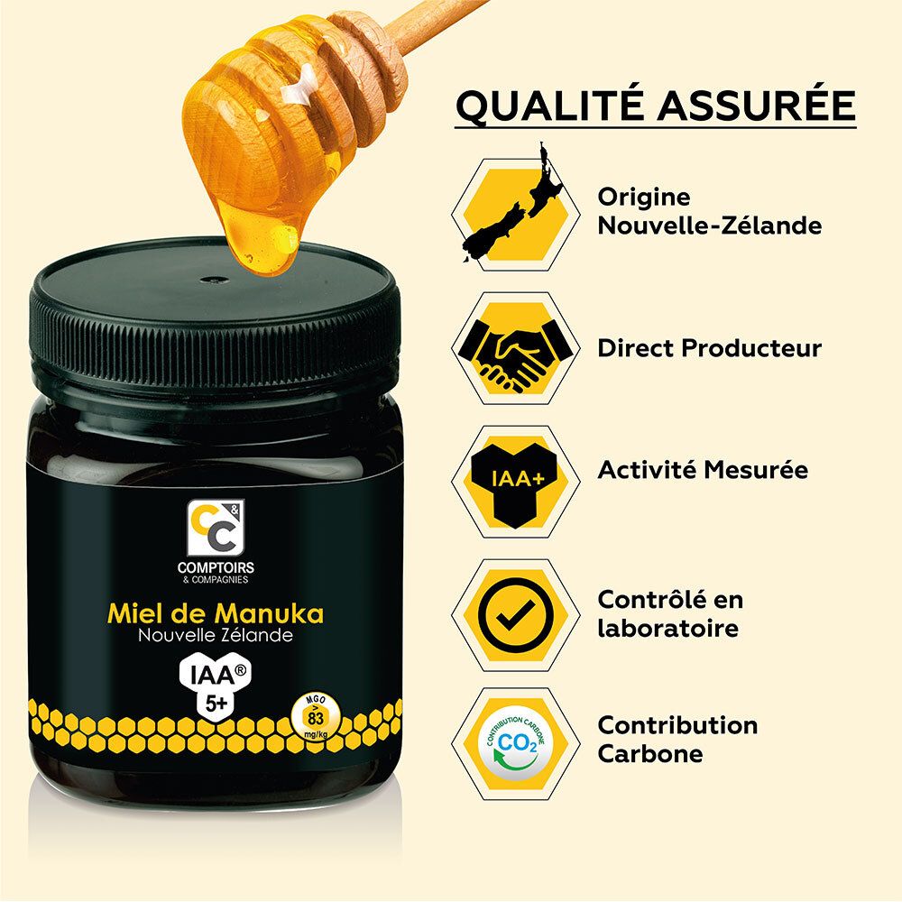 Dos du pot de miel. Inscriptions: Miel de Manuka Nouvelle Zélande IAA 5+. Informations nutritionnelles.