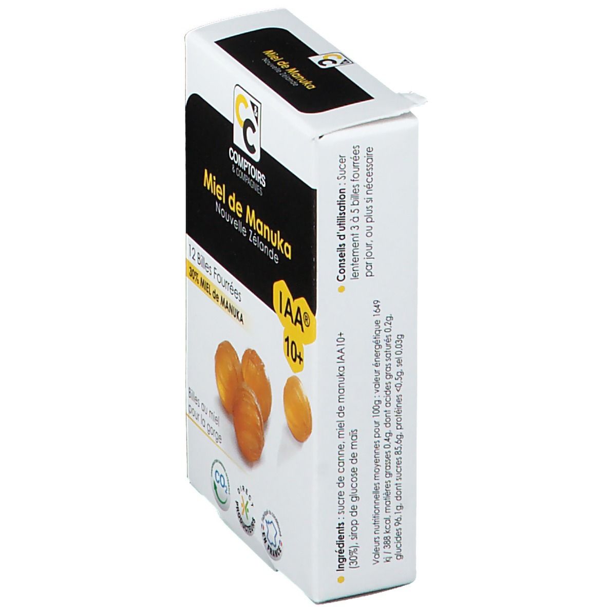 Boîte de Comptoirs & Compagnies Billes Fourrées Miel de Manuka IAA 10+. 12 billes. Label IAA 10+.