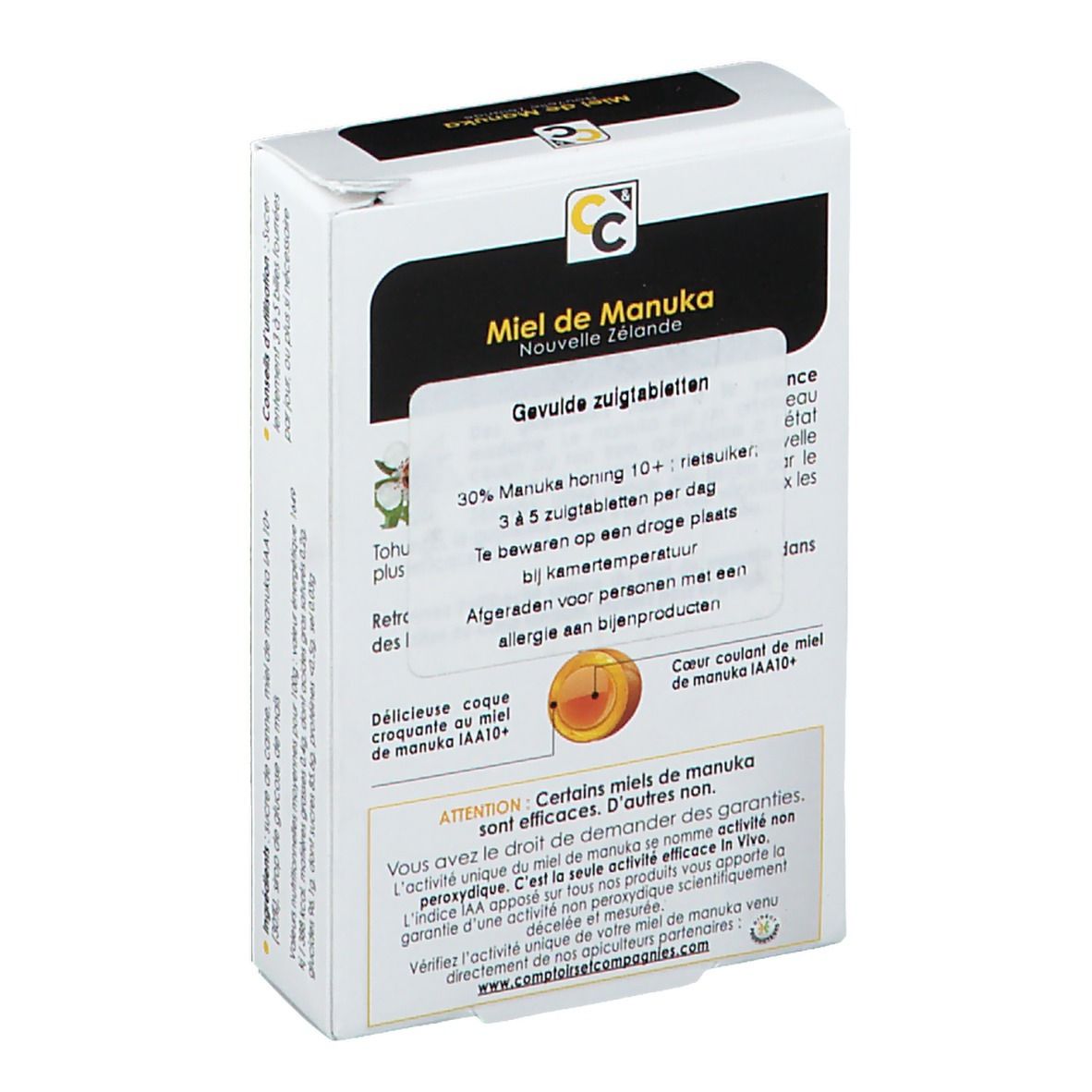 Dos de la boîte Comptoirs & Compagnies Billes Fourrées Miel de Manuka IAA 10+. Texte et logo.
