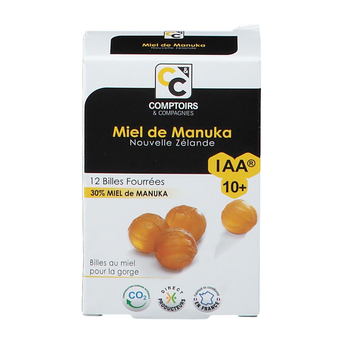 Face avant de la boîte Comptoirs & Compagnies Billes Fourrées Miel de Manuka IAA 10+. 12 billes.