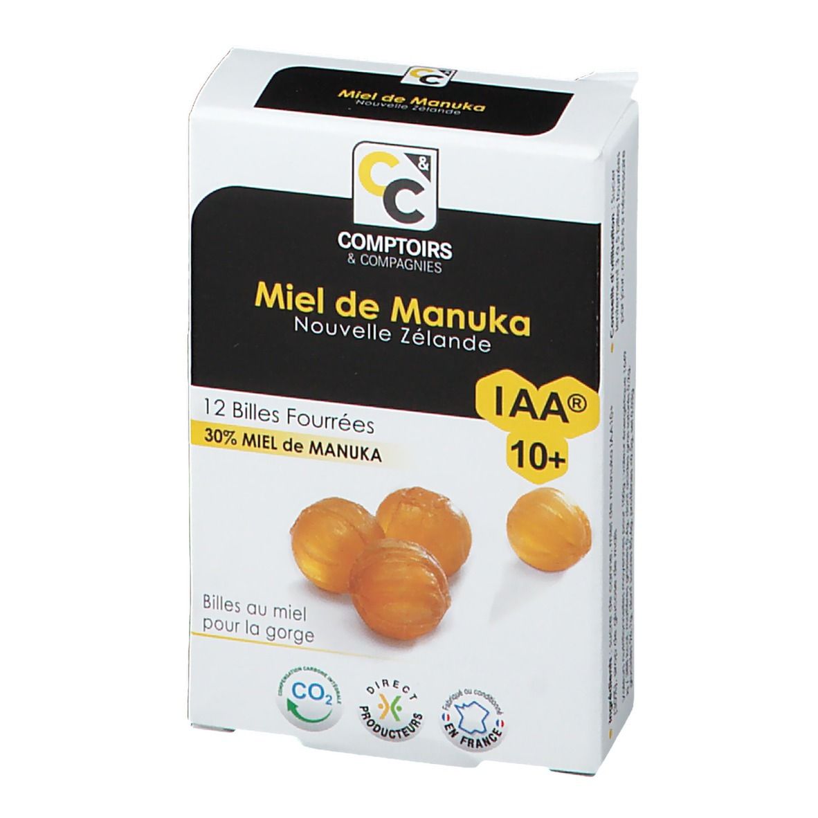 Face avant de la boîte Comptoirs & Compagnies Billes Fourrées Miel de Manuka IAA 10+. 12 billes.