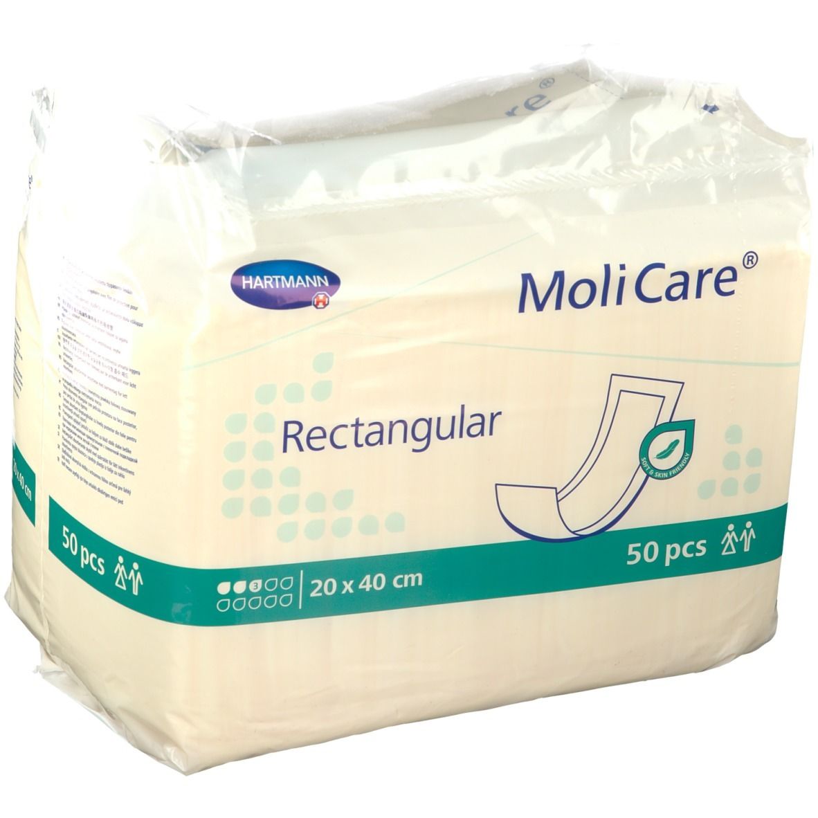 Paquet de MoliCare® Rectangular, 20 x 40 cm, 50 pièces. Marque Hartmann. Compresses rectangulaires avec logo vert, emballées.