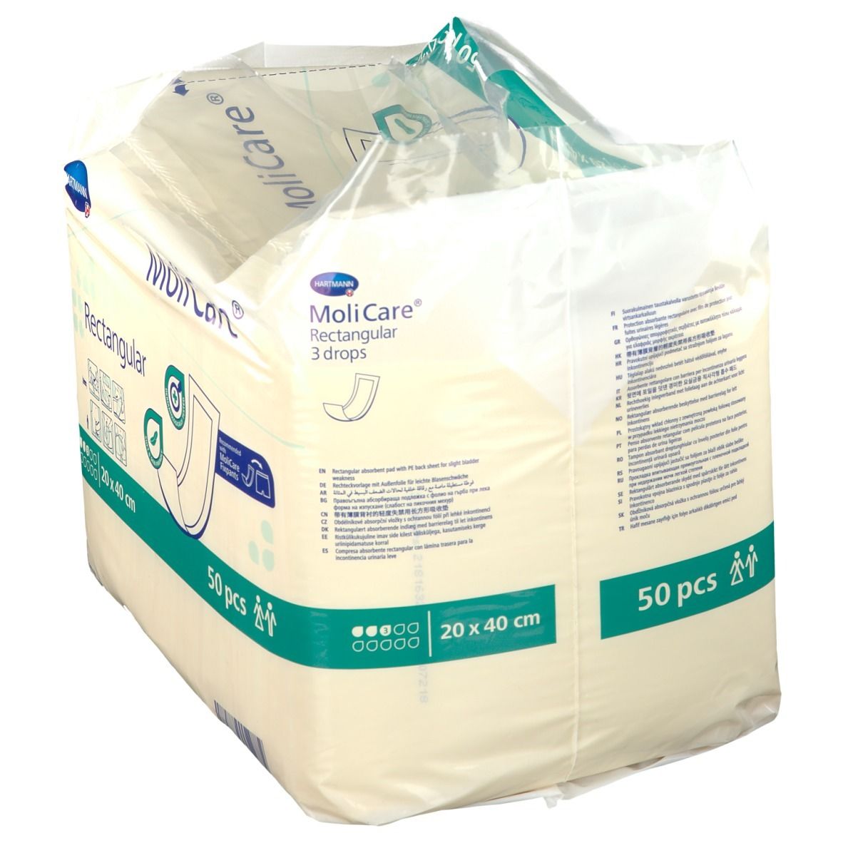 Paquet de MoliCare® Rectangular, 20 x 40 cm, 50 pièces. Marque Hartmann. Symbole 3 gouttes. Compresses rectangulaires. Emballé.
