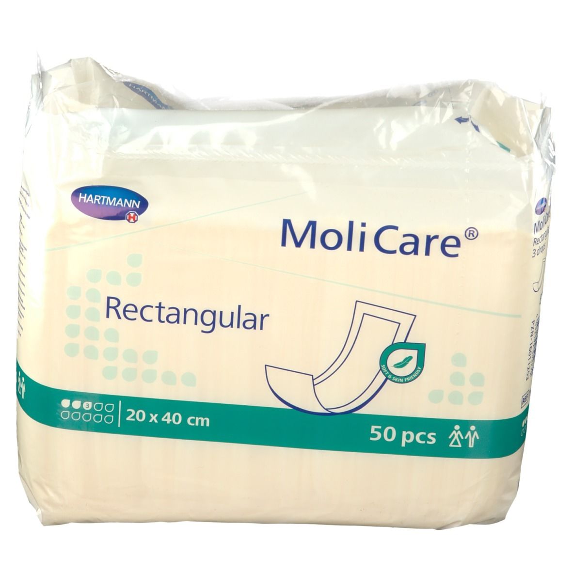 Paquet de MoliCare® Rectangular, 20 x 40 cm, 50 pièces. Marque Hartmann. Compresses rectangulaires avec logo vert. Emballé.