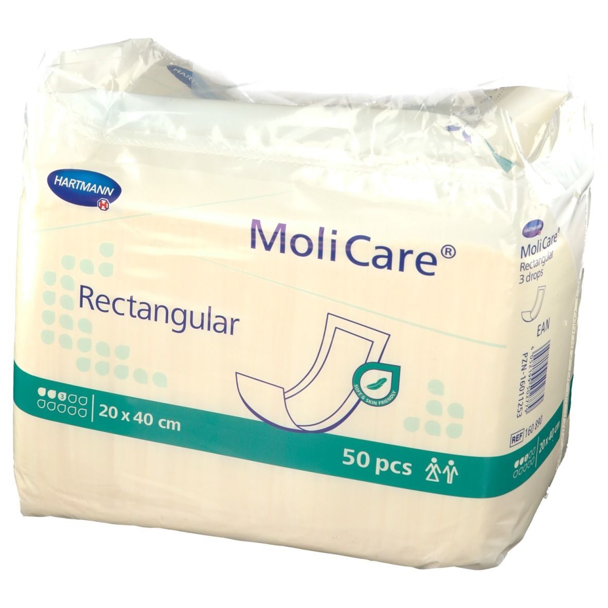 Paquet de MoliCare® Rectangular, 20 x 40 cm, 50 pièces. Marque Hartmann. Symbole 3 gouttes. Compresses rectangulaires. Code EAN.
