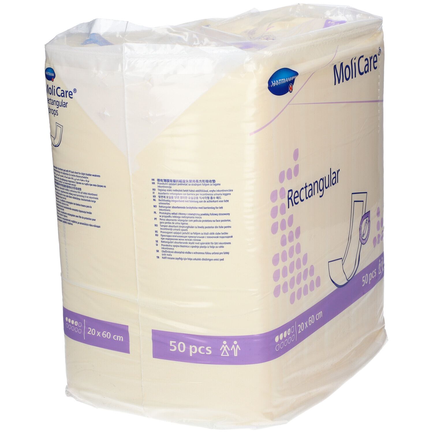 Paquet de MoliCare Rectangular, 20 x 60 cm, 50 pièces. Nom du produit, taille et quantité clairement visibles.