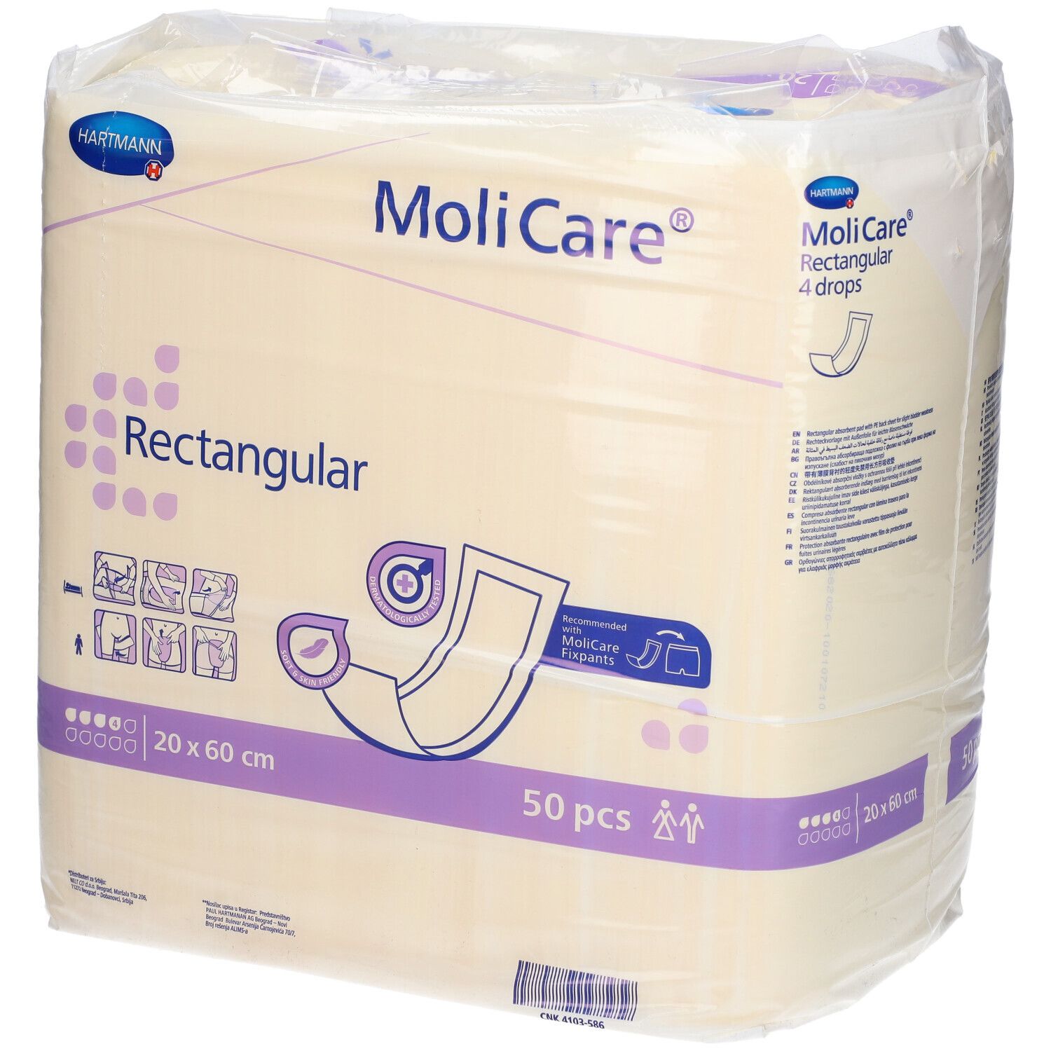 Paquet de MoliCare Rectangular, 20 x 60 cm, 50 pièces. Nom du produit, taille et quantité clairement visibles.