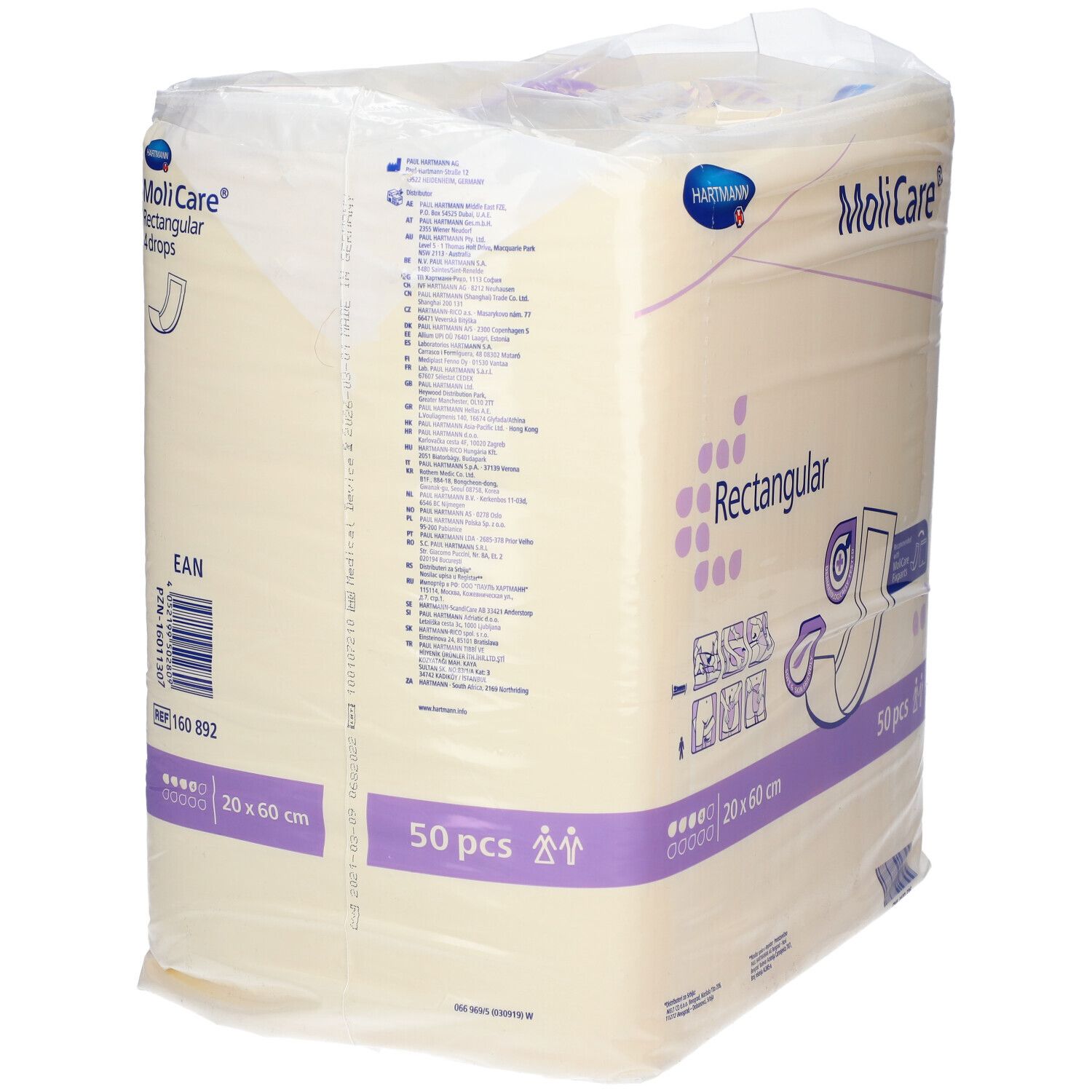 Paquet de MoliCare Rectangular, 20 x 60 cm, 50 pièces. Nom du produit, taille et quantité clairement visibles.