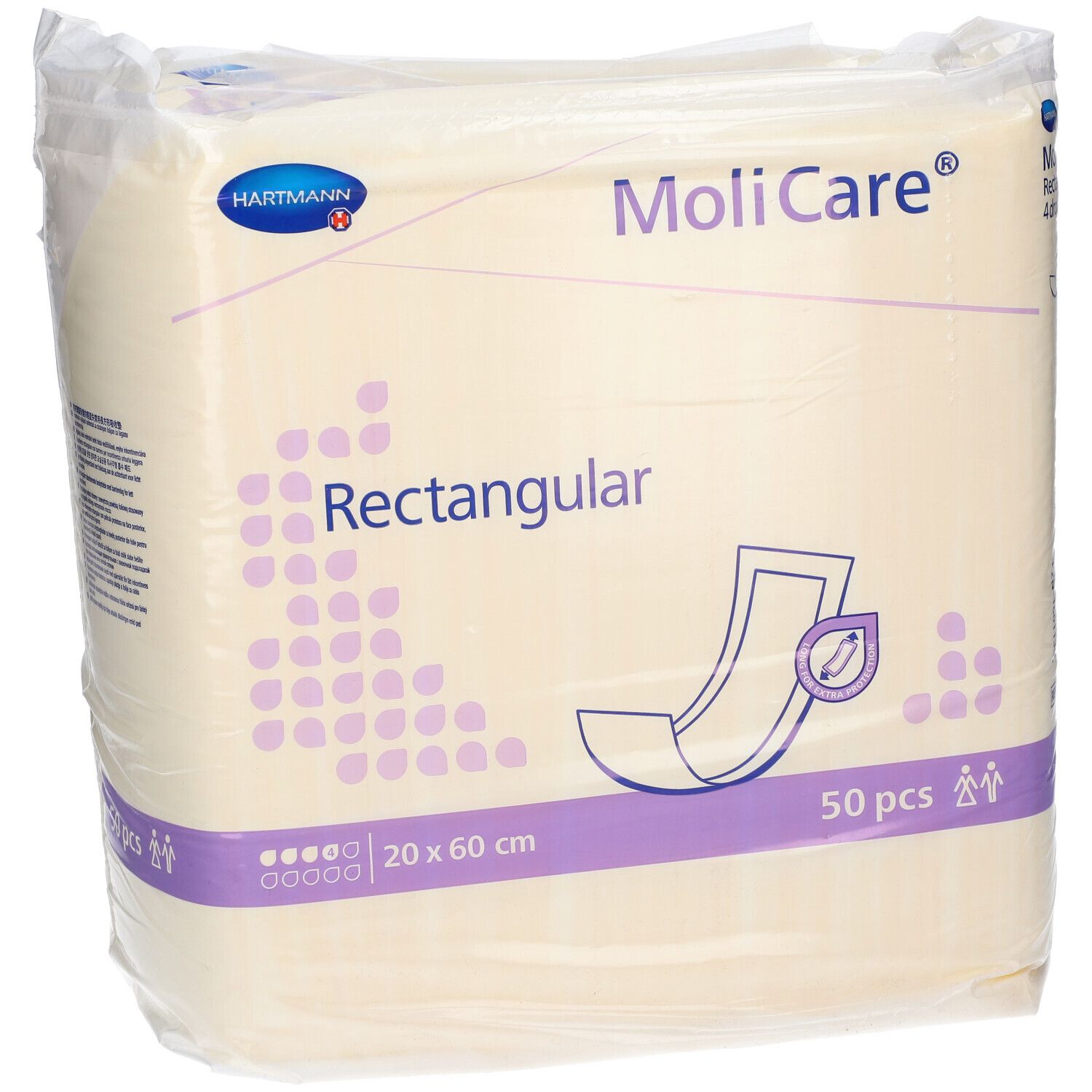 Paquet de MoliCare Rectangular, 20 x 60 cm, 50 pièces. Nom du produit, taille et quantité clairement visibles.