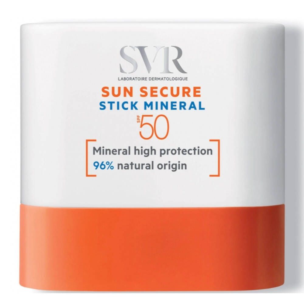 SVR SUN SECURE STICK MINERALS SPF 50+. Récipient blanc et orange. Texte: Protection minérale élevée, 96% d'origine naturelle.