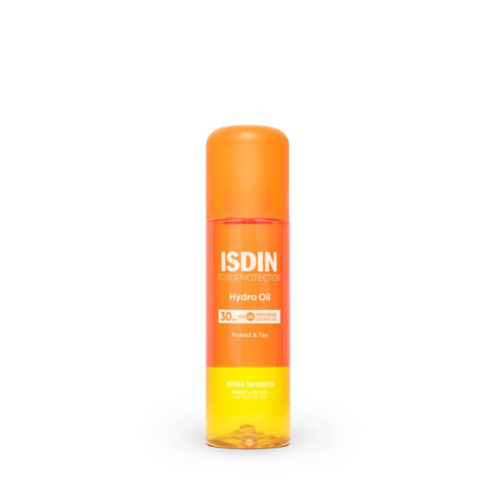 FOTOPROTECTOR ISDIN HydroOil SPF 30. Flacon avec bouchon orange. Étiquette du produit visible.