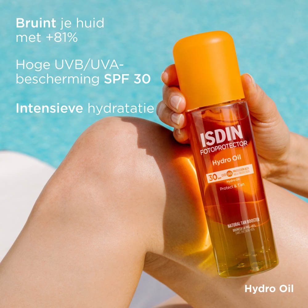 ISDIN HydroOil SPF 30. Texture huileuse. Flacon avec vaporisateur. Bouchon orange. Inscription.