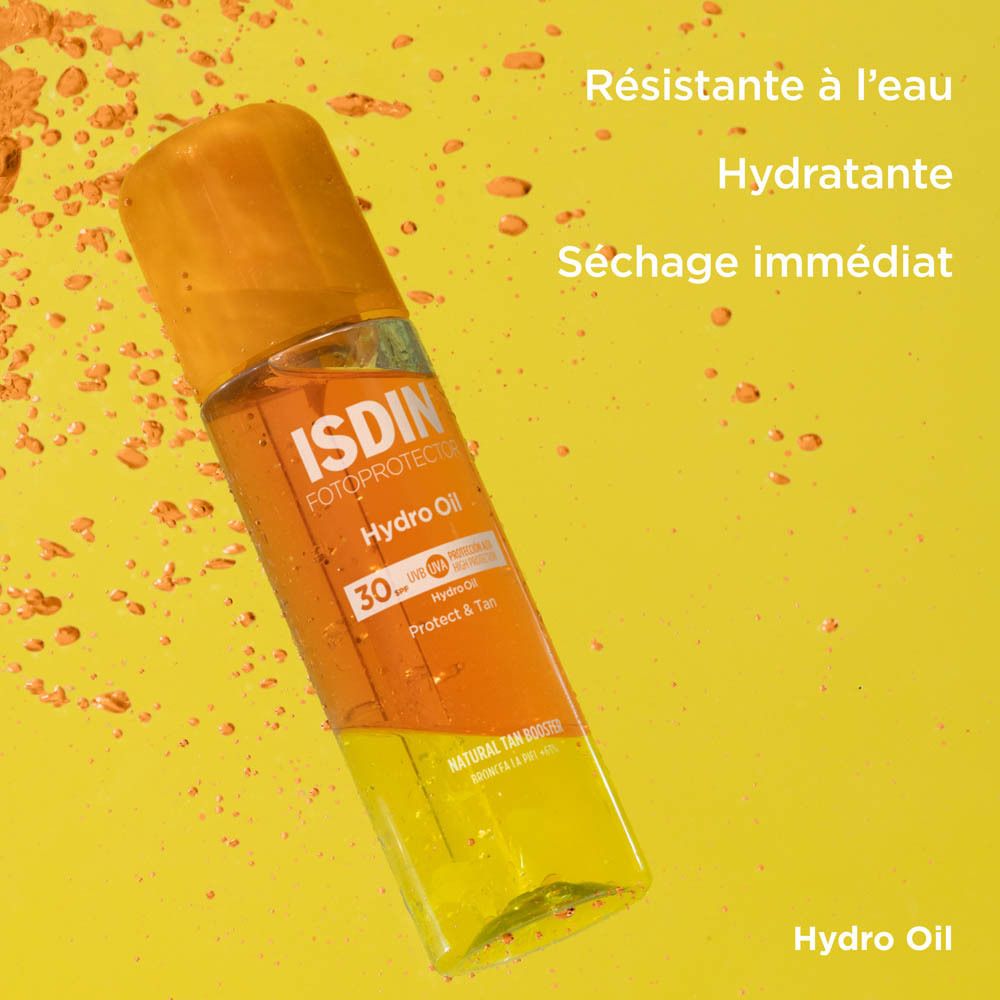 FOTOPROTECTOR ISDIN HydroOil SPF 30. Texte: Résistant à l'eau, hydratant, séchage immédiat.