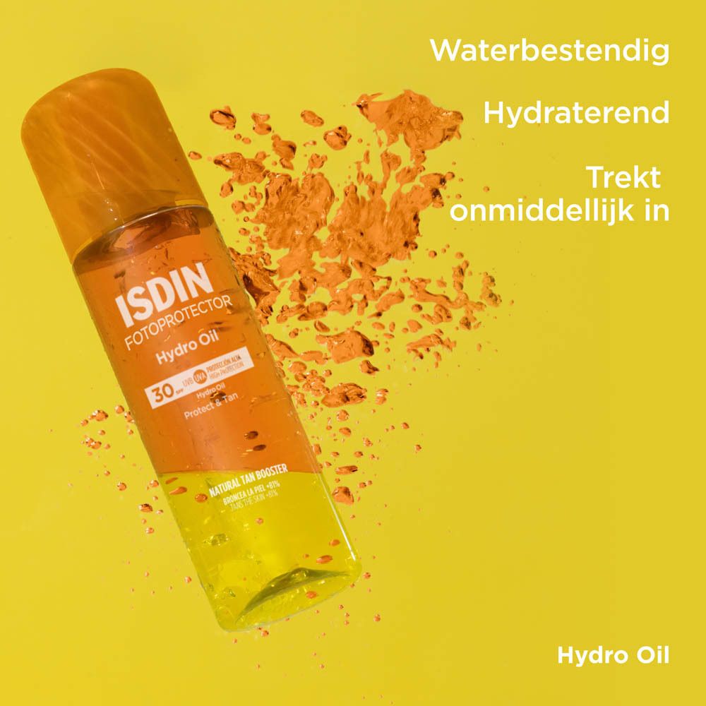 ISDIN HydroOil SPF 30. Texture huileuse. Flacon avec vaporisateur. Bouchon orange. Inscription.