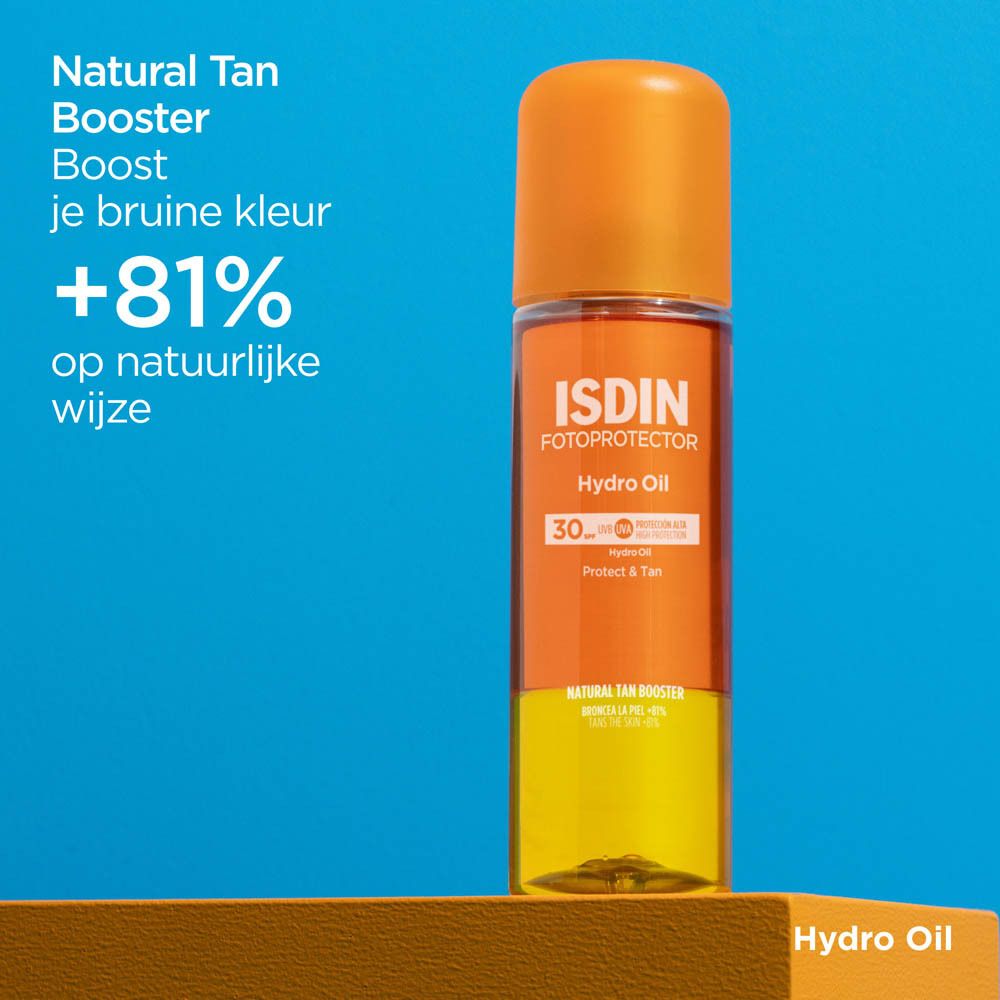 ISDIN HydroOil SPF 30. Texture huileuse. Flacon avec vaporisateur. Bouchon orange. Inscription.