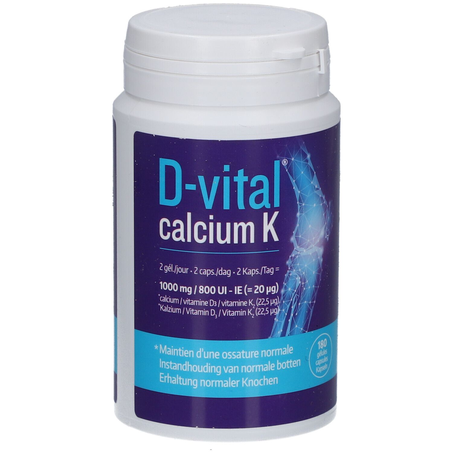 Flacon blanc avec étiquette bleue. Inscription: D-vital calcium K. Contient 180 gélules.