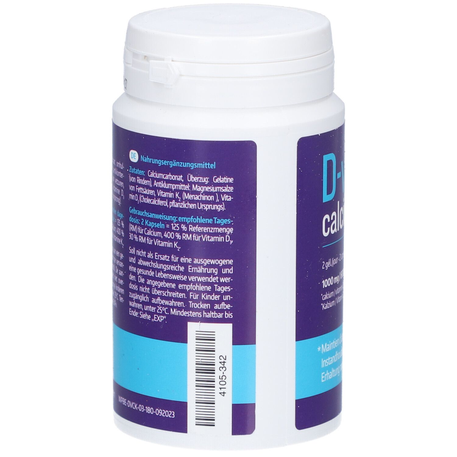 Dos du flacon blanc. Contient des informations sur les ingrédients et les valeurs nutritionnelles.