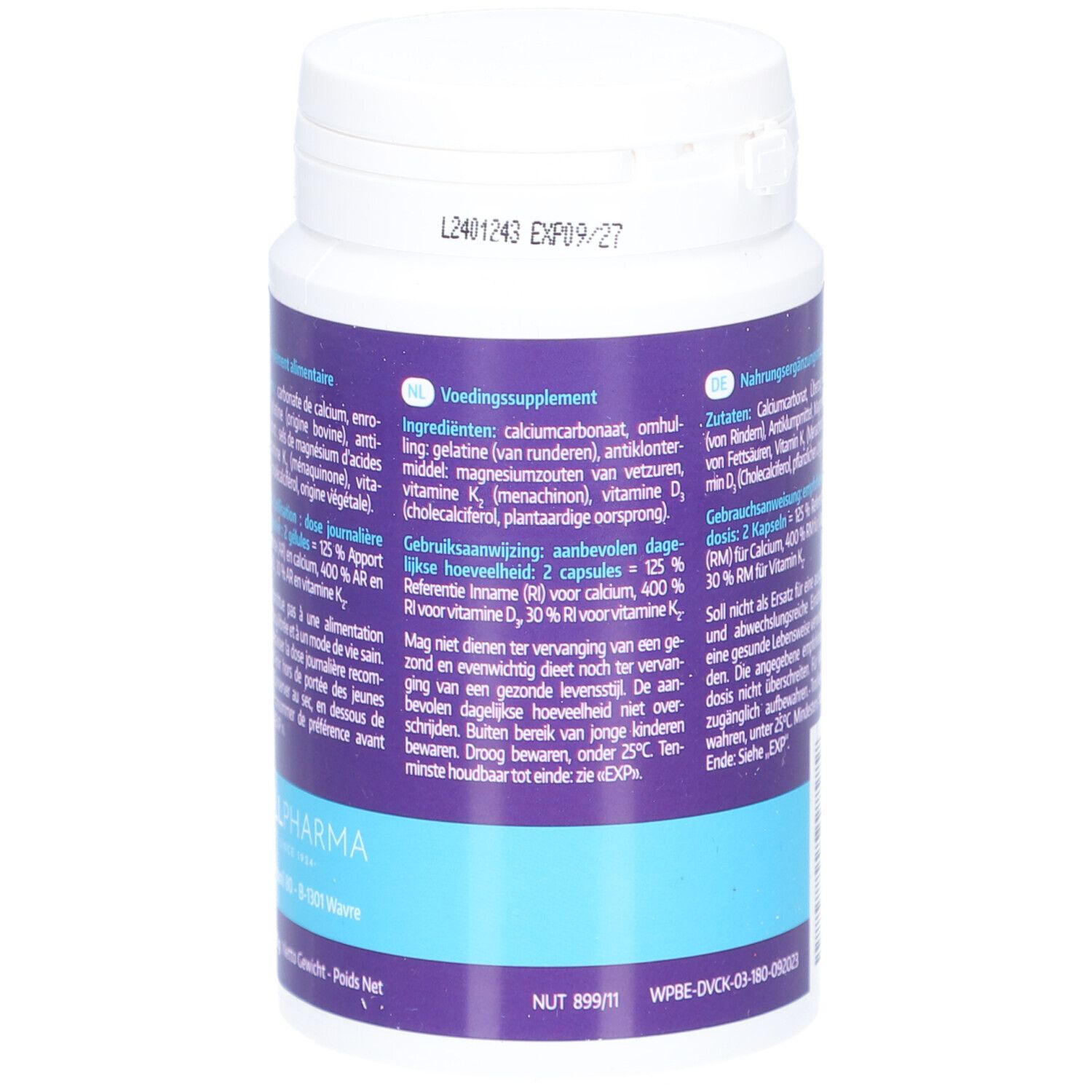 Dos du flacon blanc. Contient des informations sur les ingrédients et les valeurs nutritionnelles.