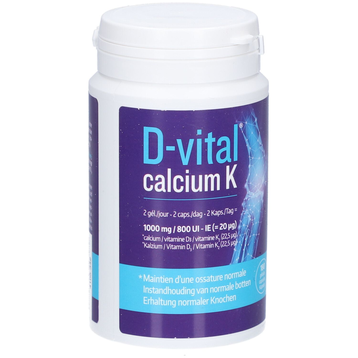 Flacon blanc avec étiquette bleue. Inscription: D-vital calcium K. Contient 180 gélules.