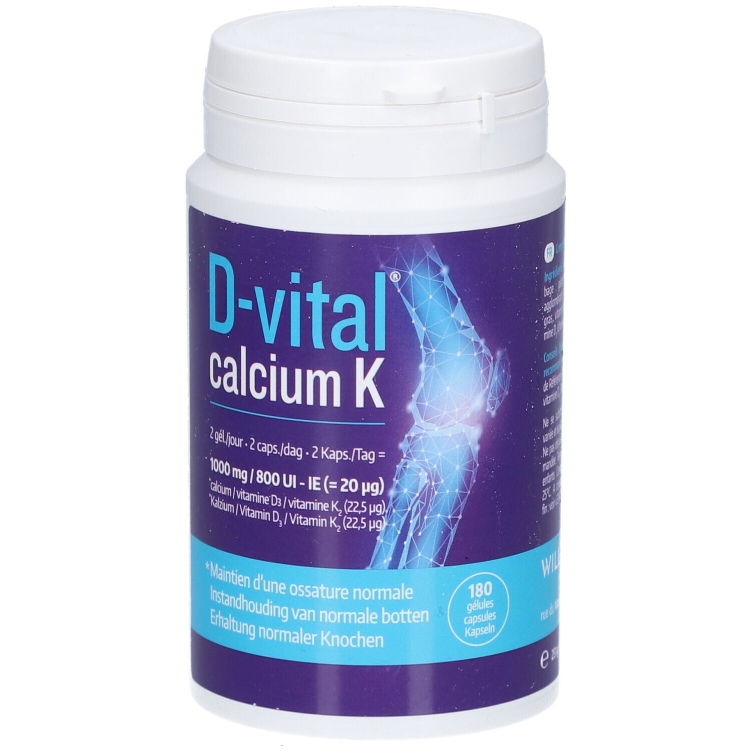 Flacon blanc avec étiquette bleue. Inscription: D-vital calcium K. Contient 180 gélules.