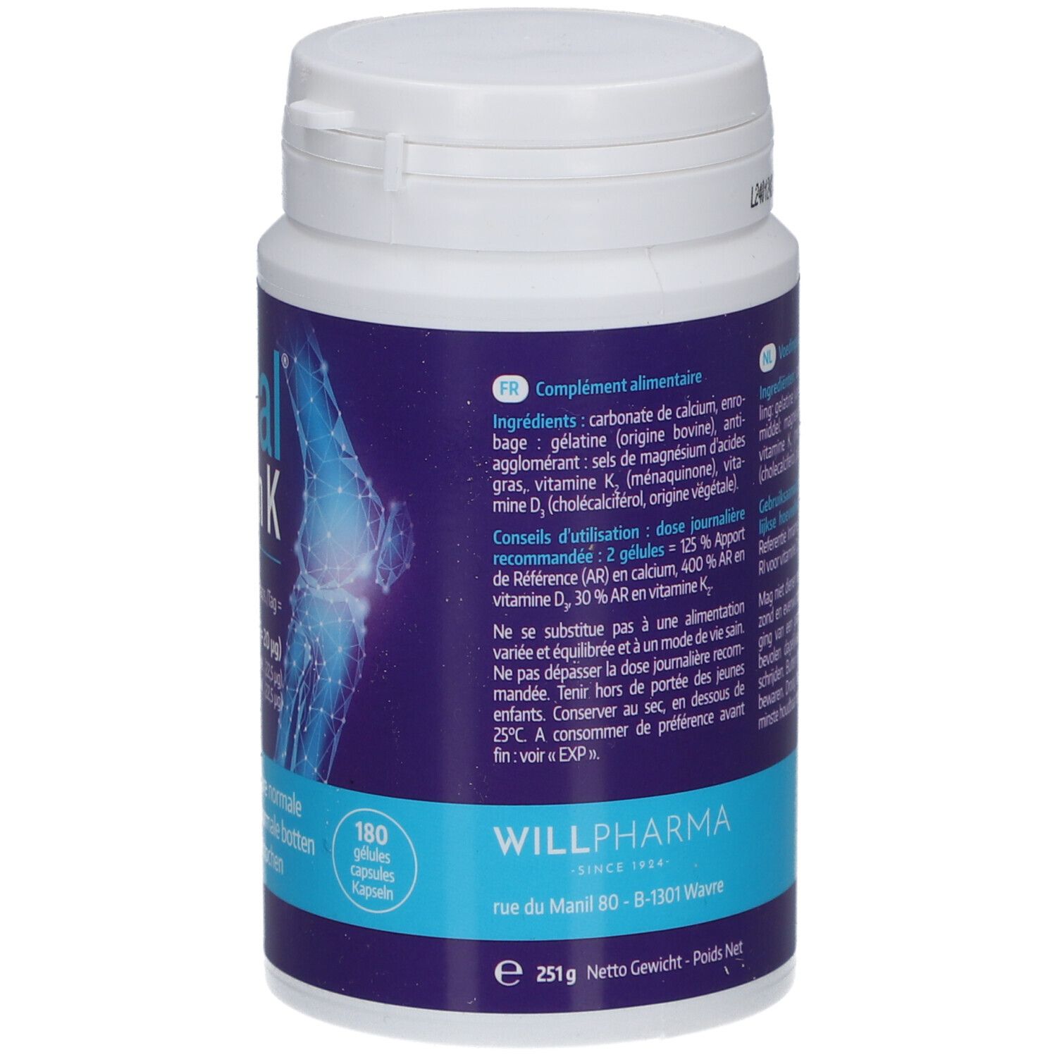 Dos du flacon blanc. Contient des informations sur les ingrédients et les valeurs nutritionnelles.