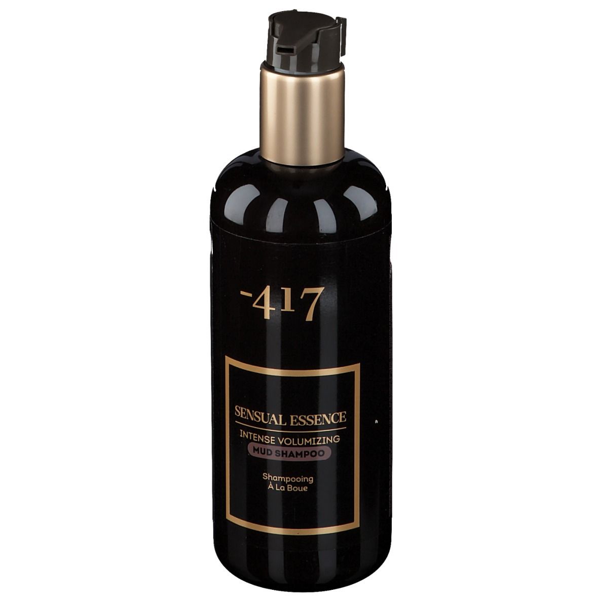 Flacon noir avec pompe. Inscription: -417, Sensual Essence, Intense Volumizing Mud Shampoo.