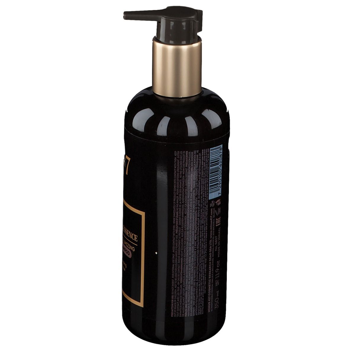 Flacon noir avec pompe. Inscription: -417, Sensual Essence, Intense Volumizing Mud Shampoo. Texte au dos.