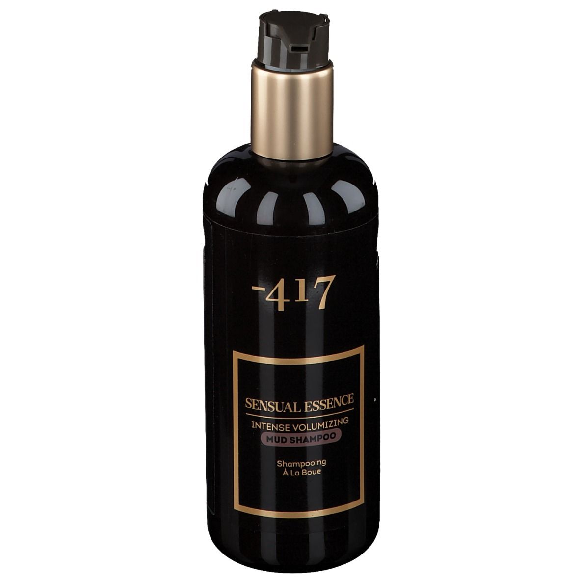 Flacon noir avec pompe. Inscription: -417, Sensual Essence, Intense Volumizing Mud Shampoo.