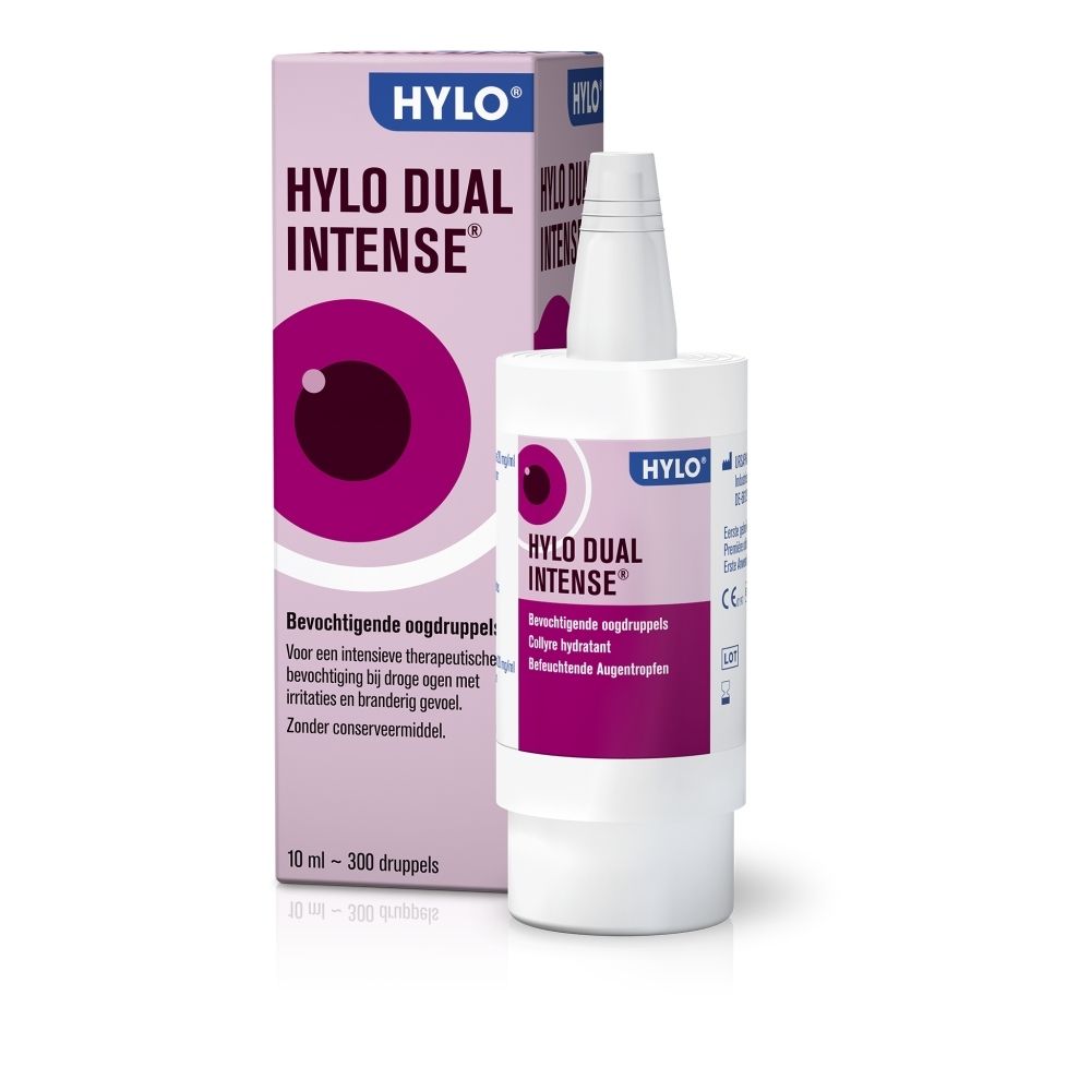 Emballage HYLO DUAL INTENSE® avec motif oculaire et informations produit.
