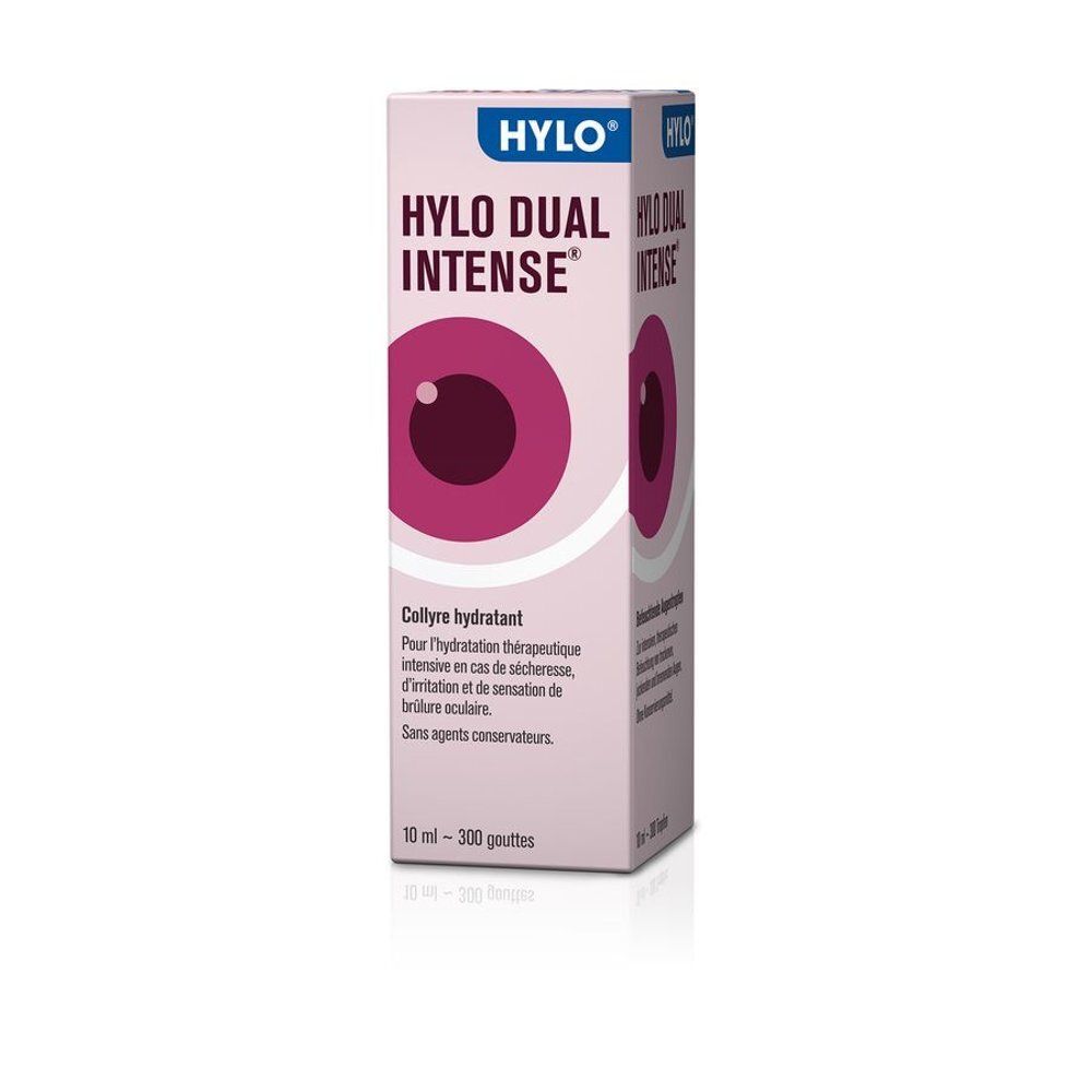 Emballage HYLO DUAL INTENSE® avec motif oculaire, informations produit et usage.