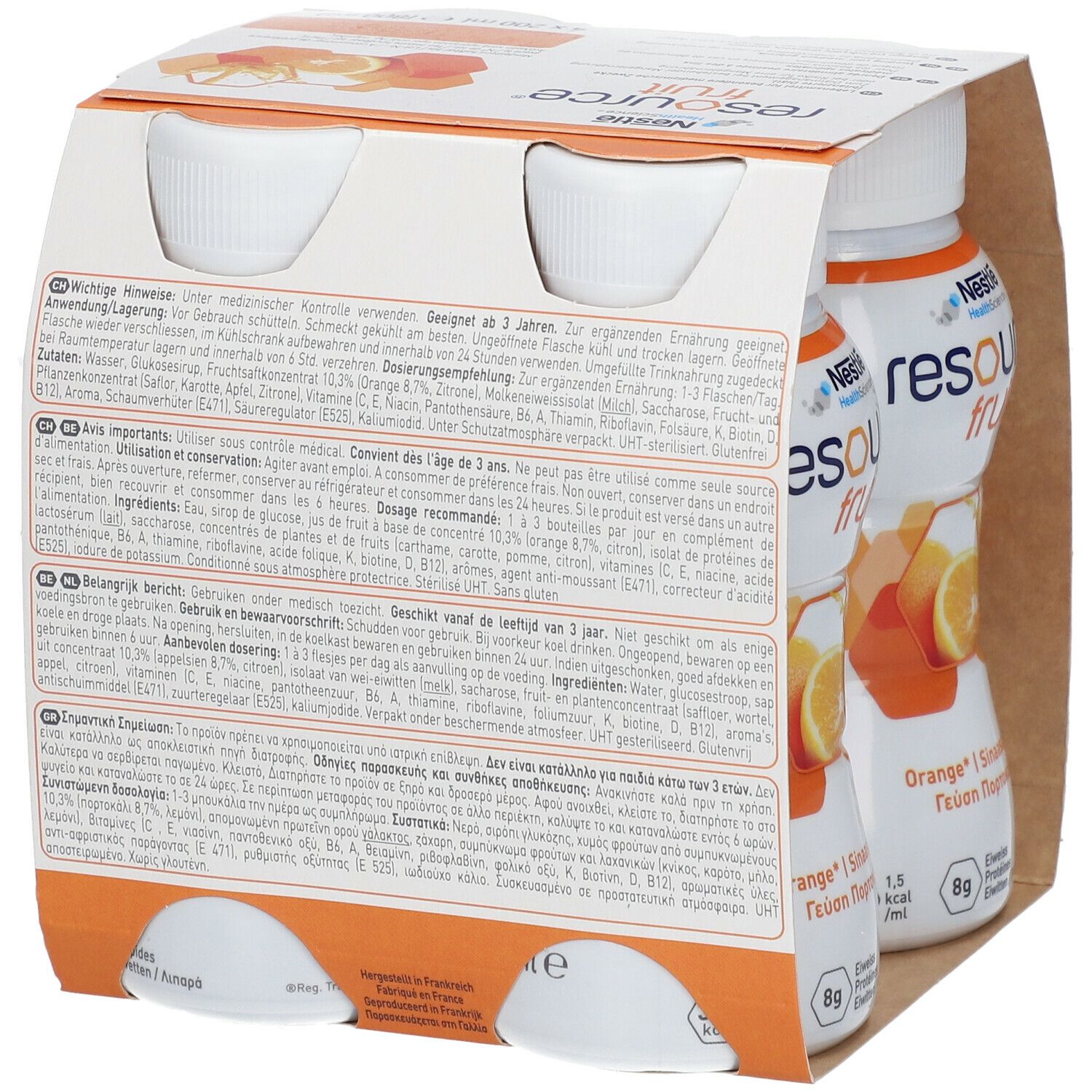 Dos de l'emballage avec texte multilingue. Contient des informations sur les ingrédients, l'utilisation et les avertissements. Emballage en carton.