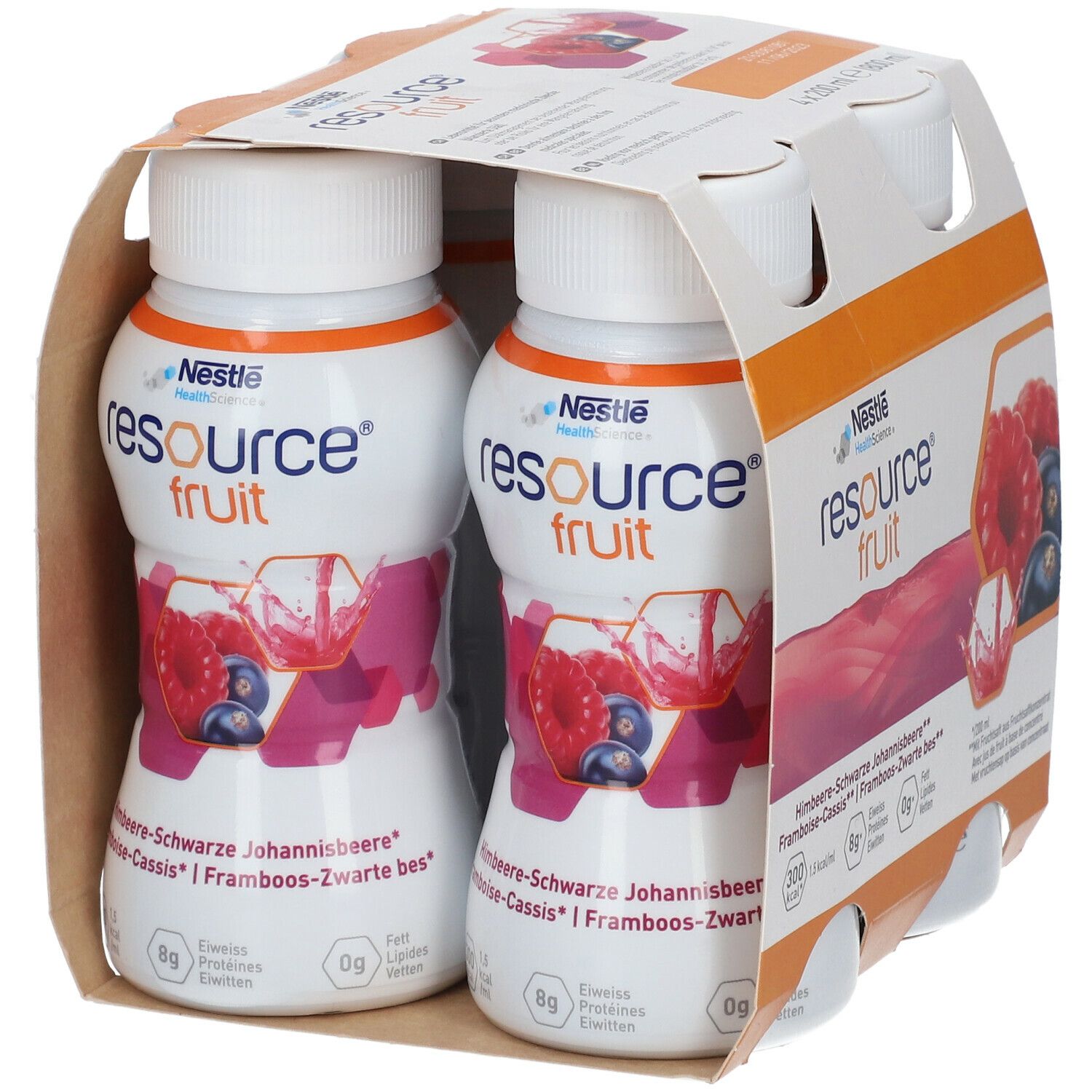 Emballage de quatre bouteilles. Deux bouteilles visibles. Inscription: Resource Fruit, Framboise-Cassis. Illustration de fruits.