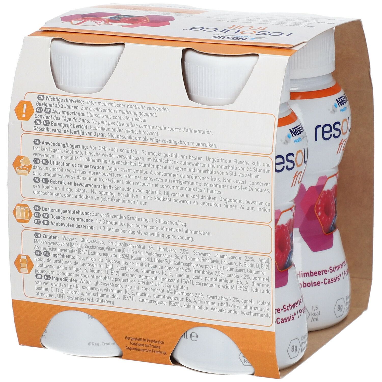 Emballage de quatre bouteilles. Dos avec texte. Inscription: Resource Fruit, Framboise-Cassis. Texte en plusieurs langues.
