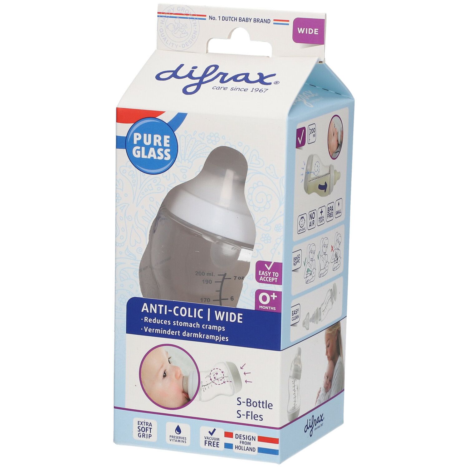 difrax® Biberon S Verre Wide Blanc 0+ mois 200 ml