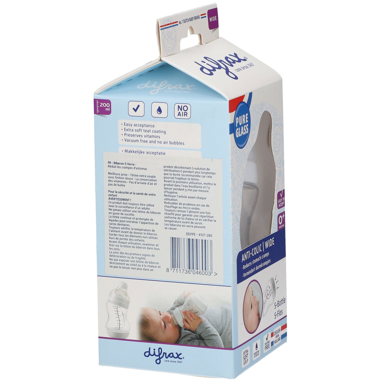 difrax® Biberon S Verre Wide Blanc 0+ mois 200 ml
