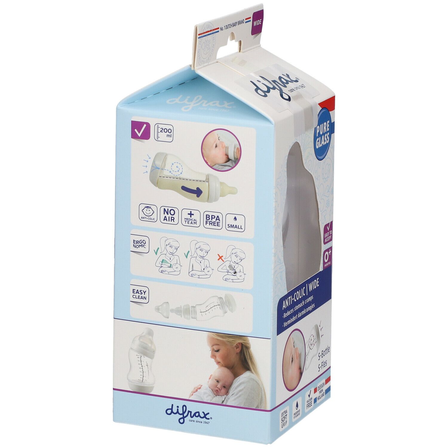 difrax® Biberon S Verre Wide Blanc 0+ mois 200 ml