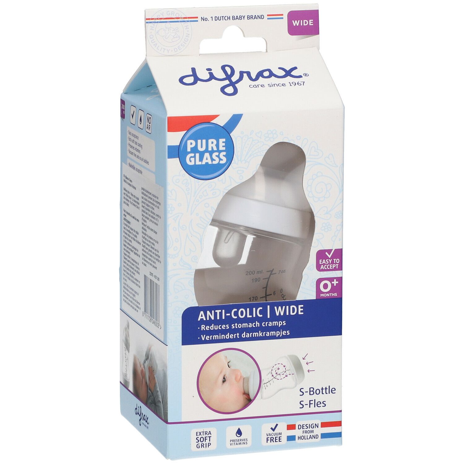 difrax® Biberon S Verre Wide Blanc 0+ mois 200 ml