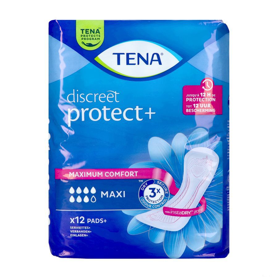 TENA Discreet protect+ Maxi. Paquet de 12 serviettes. Emballage bleu avec image du produit et logos.