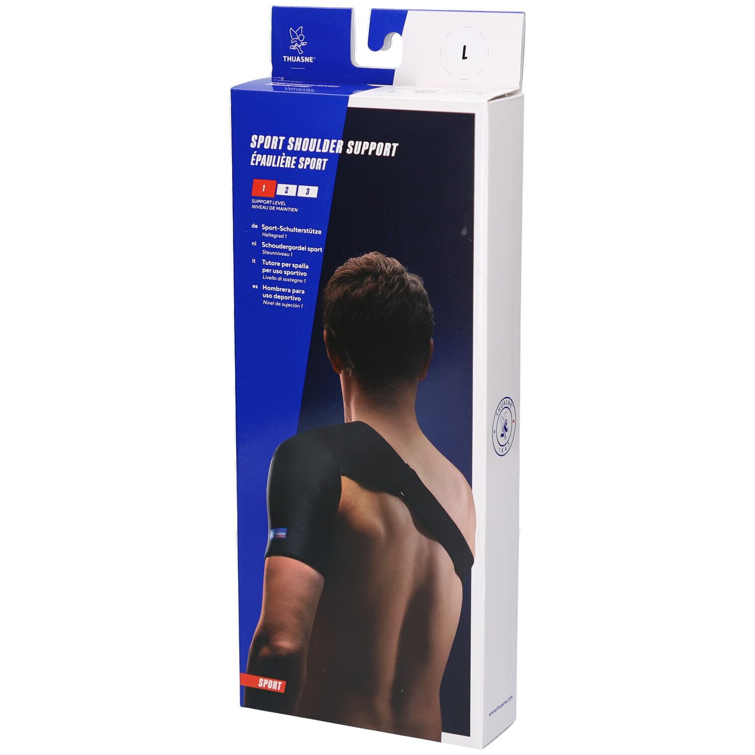 Support d'épaule en emballage. Noir, taille L. Inscription : Sport Shoulder Support, Thuasne.