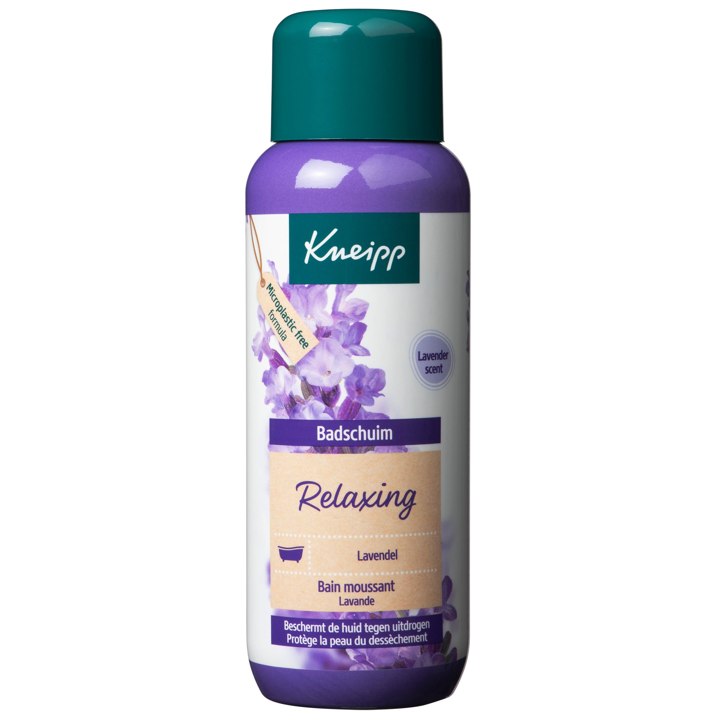 Flacon de bain moussant Kneipp Lavande. Flacon violet avec bouchon vert. Étiquette avec illustration de lavande et nom du produit.