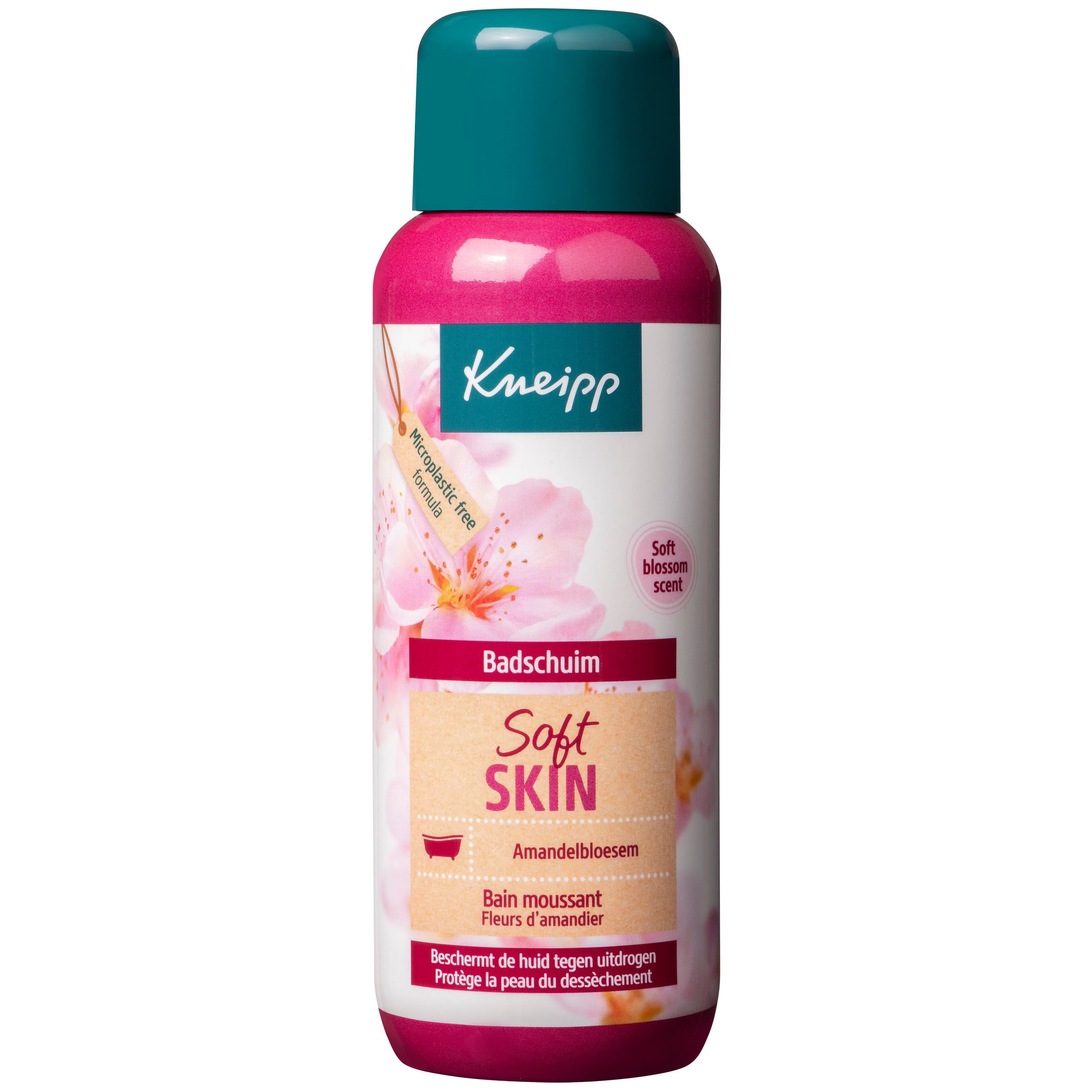 Bain moussant Kneipp® aux fleurs d'amandier. Flacon rose, bouchon vert, motif floral. Soft Skin. Sans microplastiques.