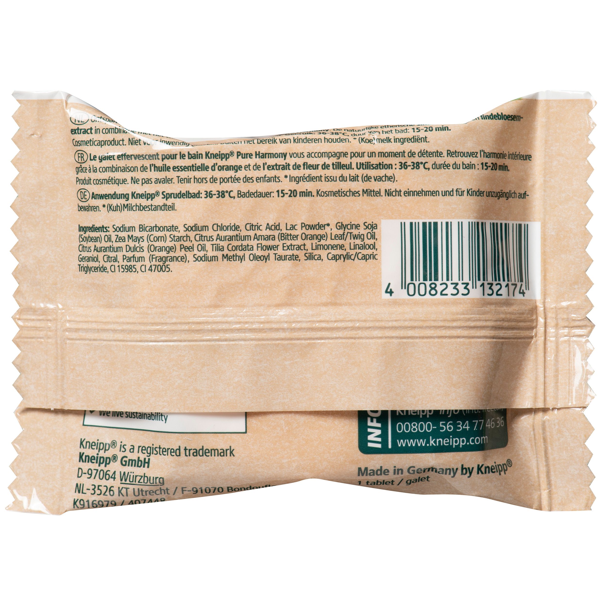 Dos de l'emballage du comprimé effervescent. Ingrédients, mode d'emploi et fabricant. Avec code-barres et certification.