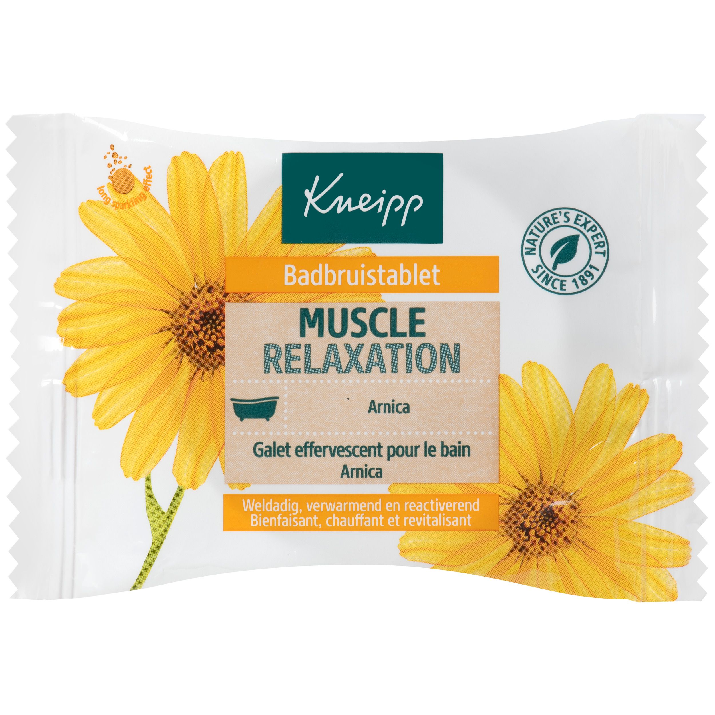 Kneipp Muscle Relaxation galet effervescent. Fleurs jaunes sur emballage blanc. Texte: Galet effervescent, détente musculaire.
