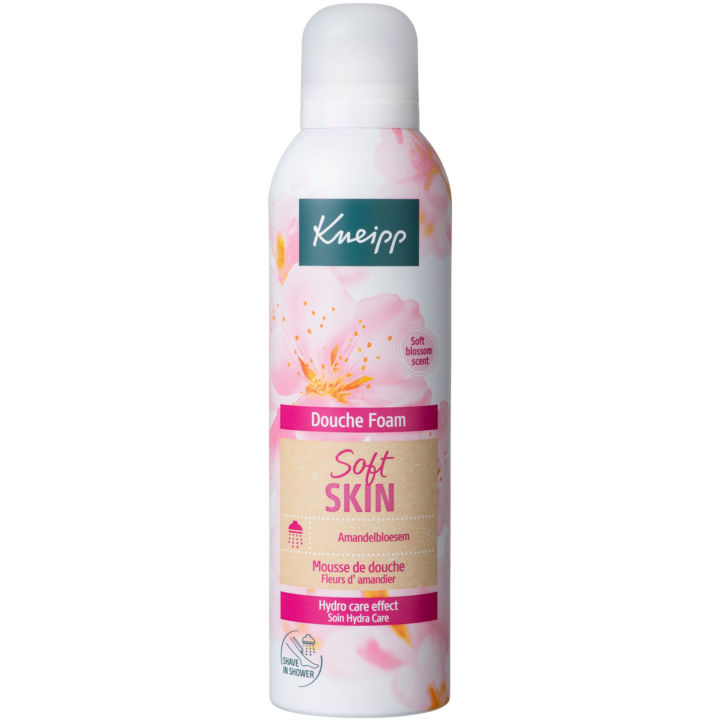 Kneipp Douche Foam, fleurs d'amande. Bouteille blanche, bouchon blanc. Motifs floraux roses. Texte: Soft Skin, Douche Foam.