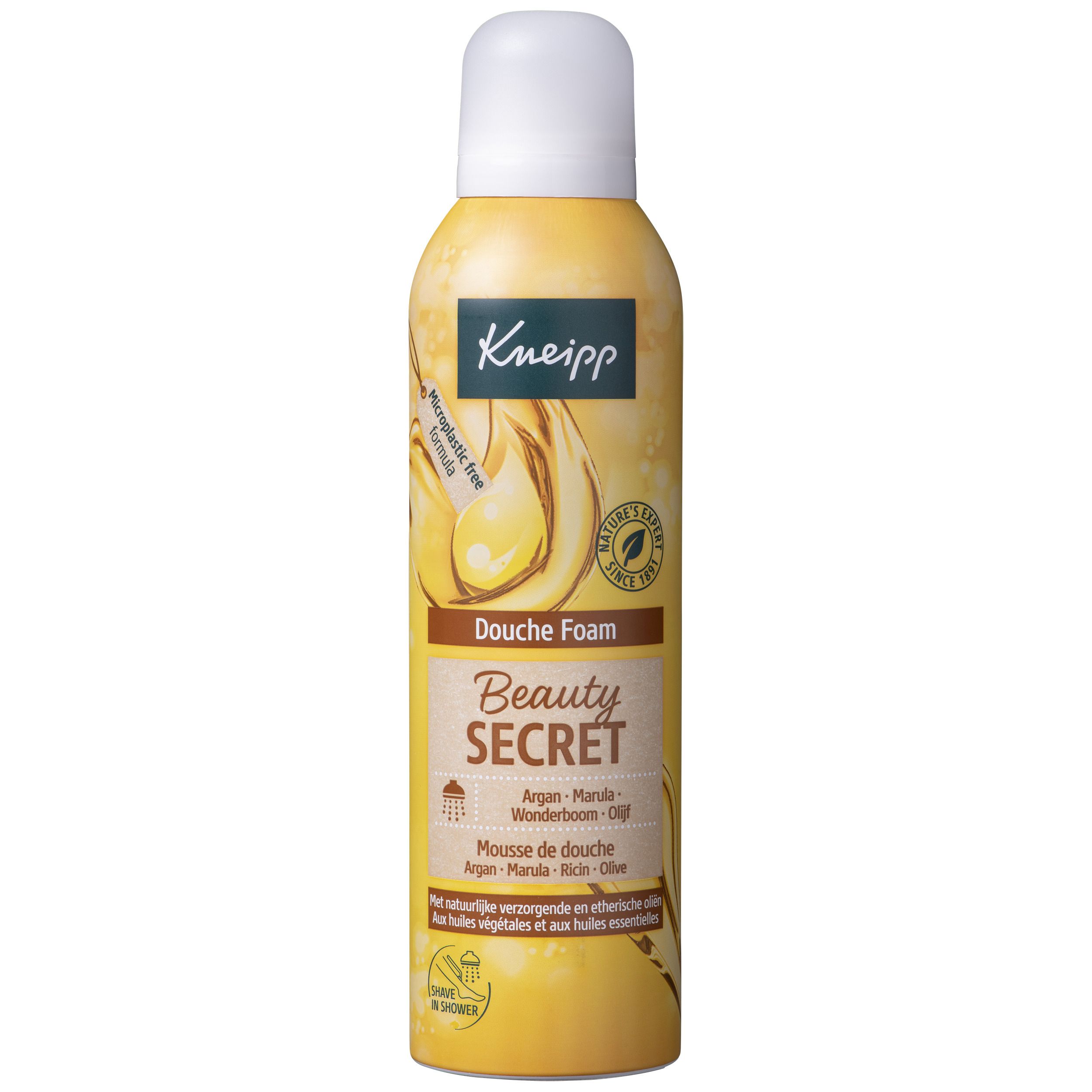 Flacon jaune Kneipp Duschschaum Beauty Secret. Tête argentée. Contient huiles d'argan, marula et wonderboom.