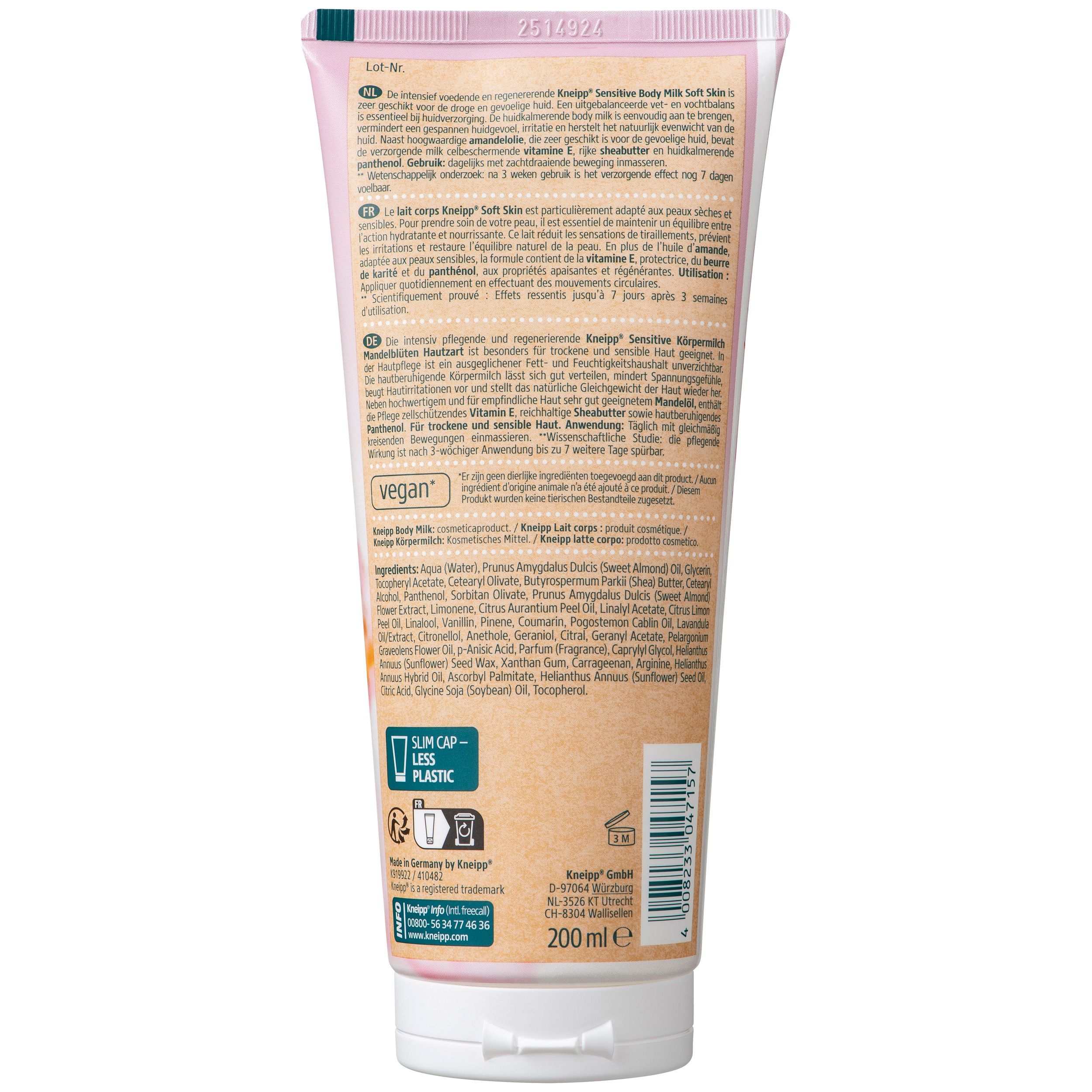Dos de la lotion pour le corps Kneipp® Mandelblüte. Texte: ingrédients, vegan, 200 ml. Emballage durable.
