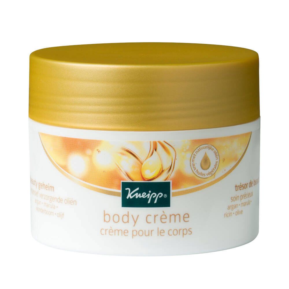 Pot blanc avec couvercle doré. Inscription: Kneipp body crème. Illustration de gouttes d'huile. Texte en allemand, français, néerlandais.
